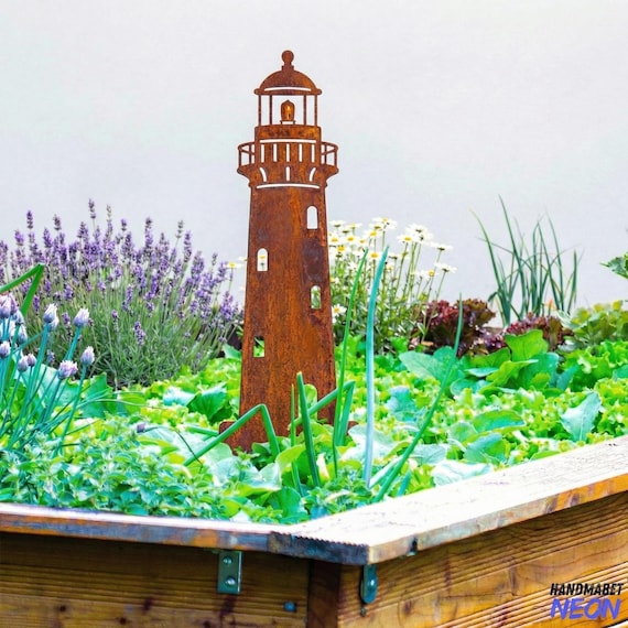 Lighthouse Metal Garden Stake, Rusty Nautical Yard Art, Coastal Decor, Rustic Garden Sign, Beach House Garden Decor, Sailor Gift