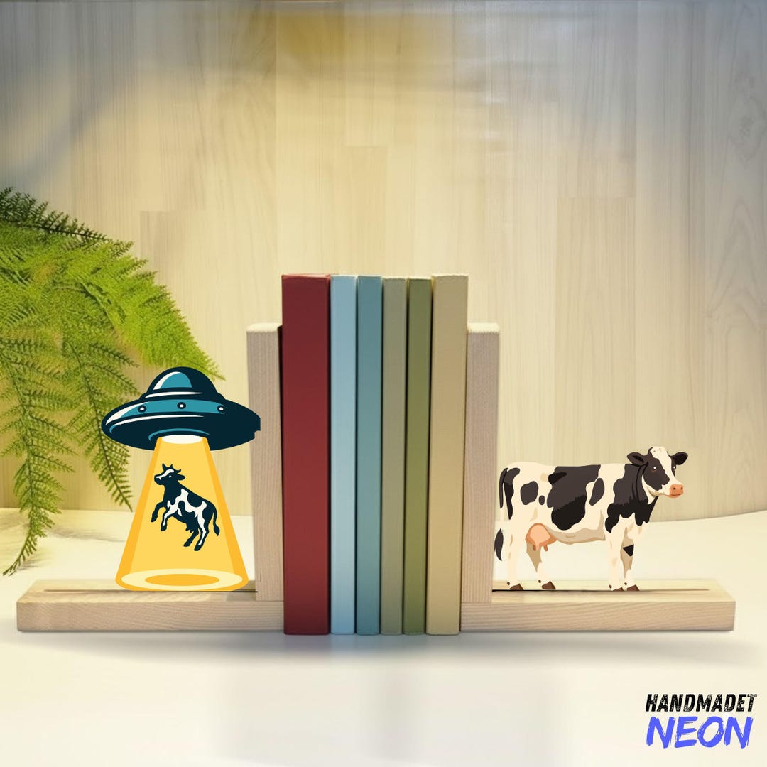 UFO Cow Metal Bookends: Alien Abduction Wooden Book Holder, Shelf Decor ...