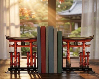 Puede incluir: Un par de sujetalibros de metal rojo y negro con forma de puertas torii japonesas tradicionales, con intrincados patrones florales en los pilares, que sostienen cuatro libros con lomos de color rojo, verde claro, azul y beige.