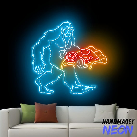 Bigfoot Holding A Pizza Neon Sign, Big Foot Led Sign, Pizza Slice