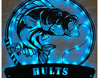 Personalized Fishing Metal Wall Art LED Light - Custom Fishing Name Sign Home Decor - Fishing Metal Sign, Best Gifts, Fishing Signs
