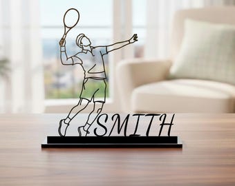 Tennis Table Decor: Tennis Player Metal Art, Racket Sport Desk Sign, Gift for Tennis Lovers