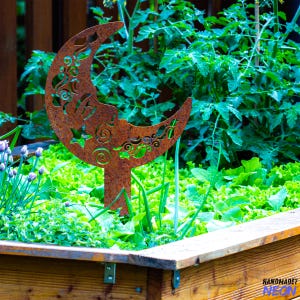 May include: A rusty metal crescent moon garden stake with decorative swirls and stars. The stake is placed in a wooden planter box filled with green leafy plants.