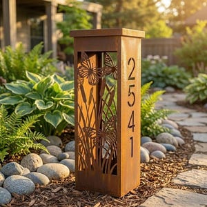 Puede incluir: Un letrero rectangular de metal para número de casa con acabado oxidado. El panel frontal presenta un diseño cortado con láser de mariposas y espadañas. El panel lateral muestra los números de casa 2541 en vertical con una fuente sans-serif.