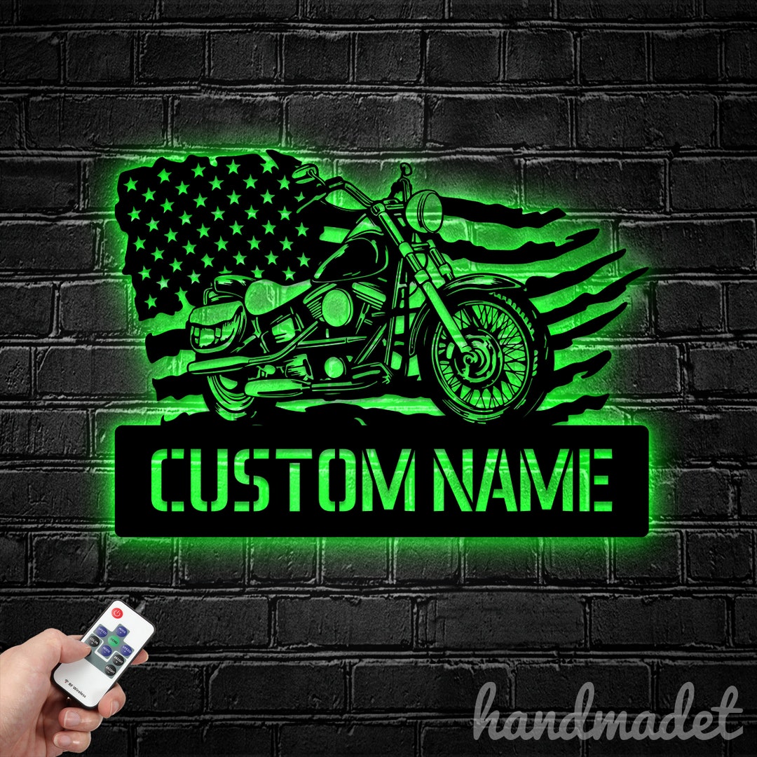 Custom US Flag Motorcycle Metal Wall Art LED Light, Personalized Dirt ...