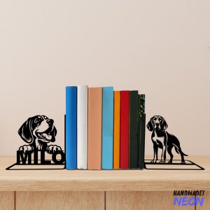 Custom Redbone Coonhound Dog Metal Bookends, Dog Name Bookend, Dog Table Sign, Bookshelf Home Decor, Book Lover Gift, Back To School Gift