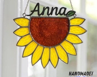 Sunflower Stained Glass with Personalized Name, Sunflower Suncatcher, Window Hanging Decoration, Special Gift for Mom, Home Decor