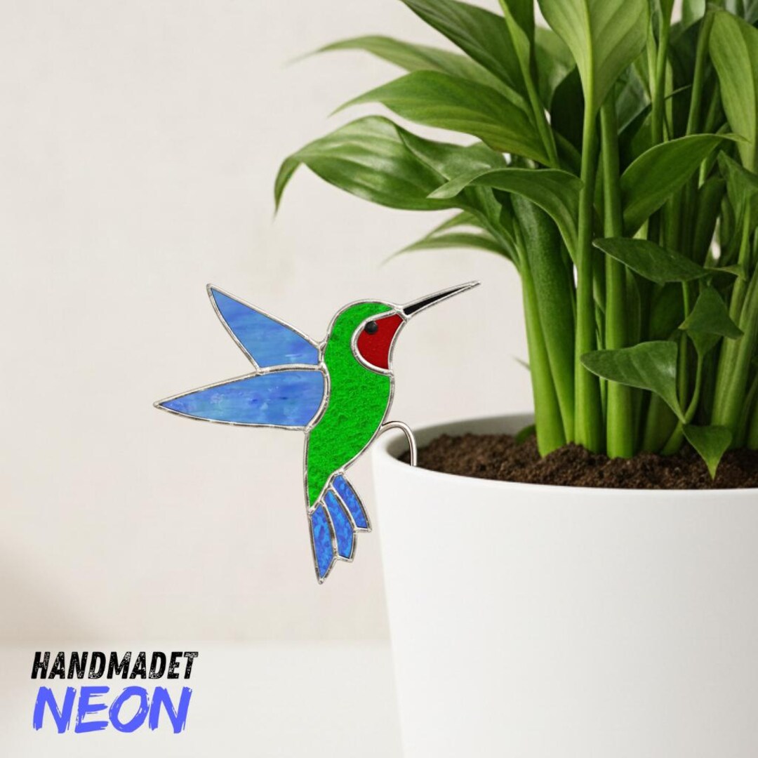 Hummingbird Stained Glass Garden Stake, Handmade Glass Bird Plant Decor ...