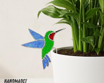 Hummingbird Stained Glass Garden Stake, Handmade Glass Bird Plant Decor, Colorful Garden Ornament