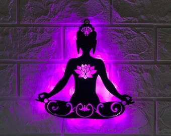 Benutzerdefinierte Yoga Buddha Lotus Metall Wandkunst LED-Licht | Buddhistisches Namaste-Zeichen-Hausdekor - Buddha-Metallschild, am besten für Geschenk und Raum-Wand-Dekor