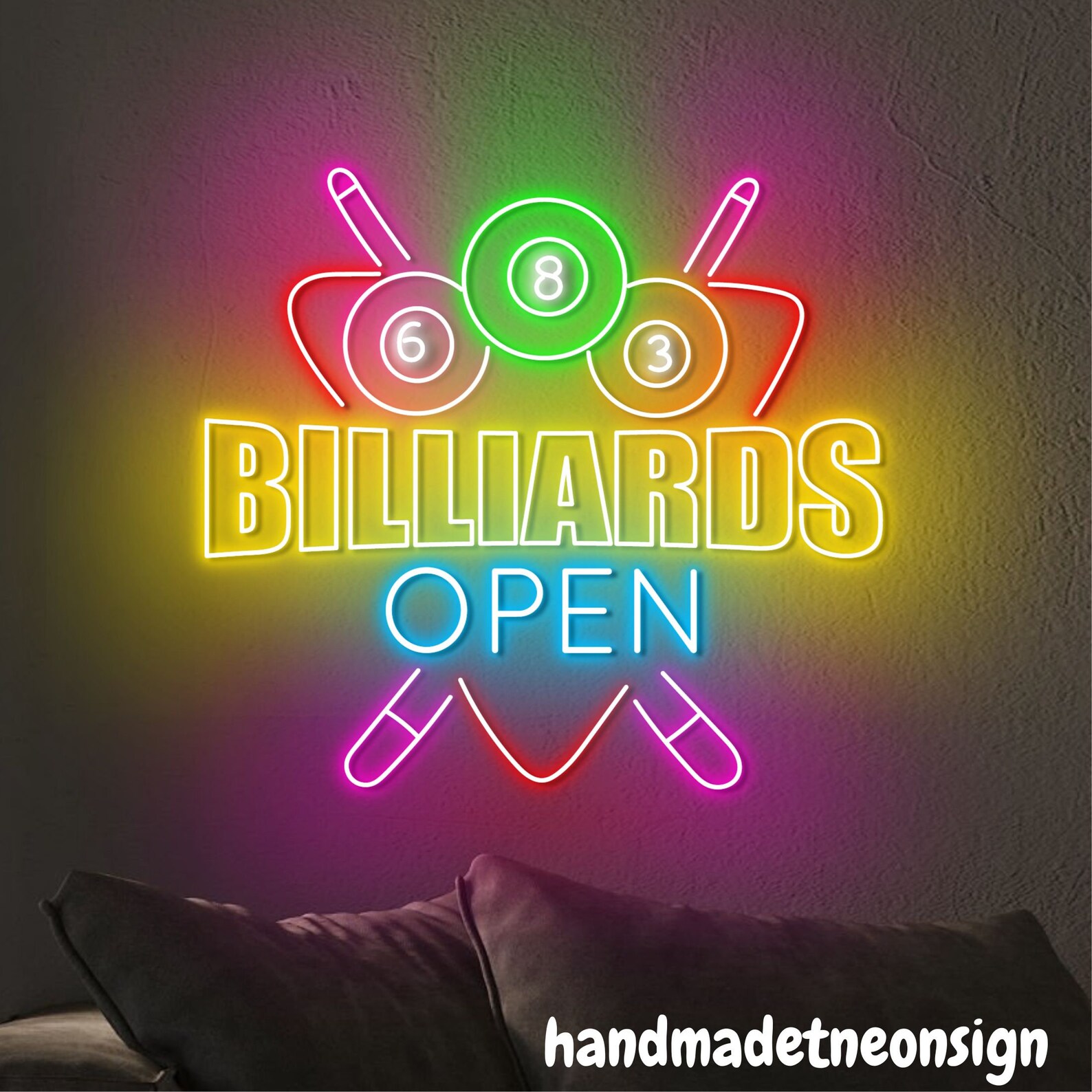 Billiards Open Neon Sign, Billiard Led Sign, Billiard Ball Neon Light ...
