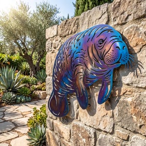 May include: A metal wall art piece shaped like a manatee, featuring a heat-treated finish with iridescent blue, purple, and bronze tones. The cutout design displays the creature's rounded body, flippers, and whiskers against a stone wall.