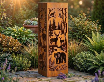 Columna de jardín metálica personalizada con motivos de fauna silvestre del bosque, decoración rústica para el patio, arte en forma de pilar con animales.