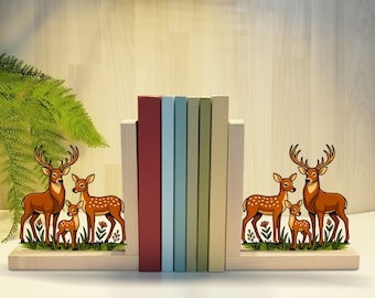 Sujetalibros metálicos con forma de familia de ciervos, organizador de libros decorativo con forma de ciervo, organizador de estantería estilo rústico, regalo para habitación infantil, regalo para amantes de los libros