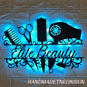 Luce LED da parete in metallo per parrucchiere personalizzata - Decorazione per la casa con segno alla moda per capelli personalizzato - Segno in metallo per parrucchiere, miglior regalo, salone di bellezza