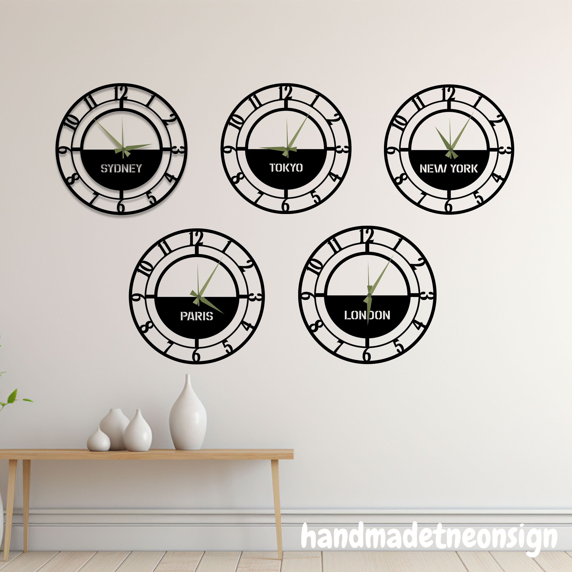 World Time Zone Clock Custom Black Metal Wall Clock Modern Wall