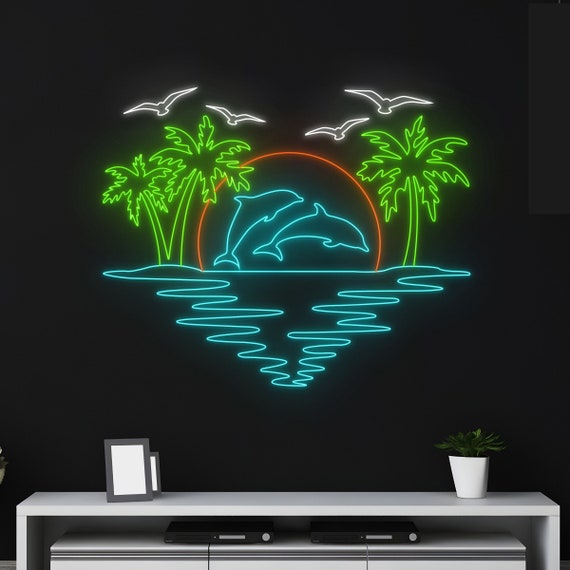 ネオンサイン　USA SCENE Custom Ocean Scene Neon Sign, Dolphin Sun Palm Tree Wave Led Sign