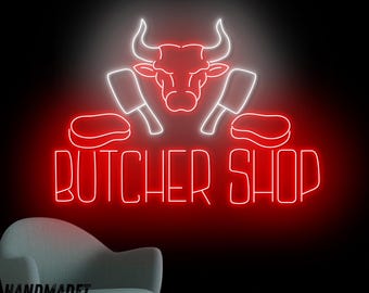 牛の肉屋のネオンサイン、肉屋のLEDライト、バーベキューレストランの