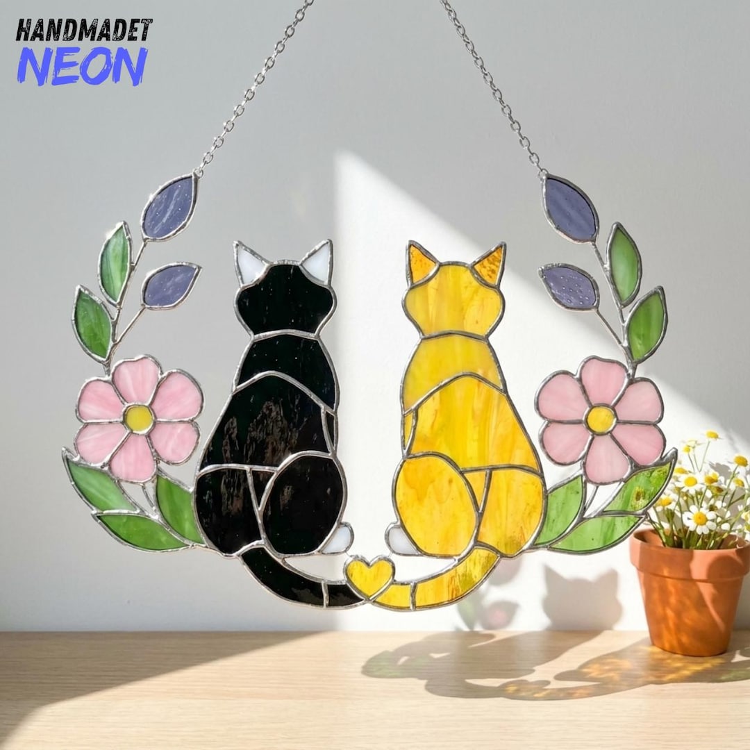 Cat Couple Stained Glass Suncatcher, Handmade Cat Couple Window Hanging ...