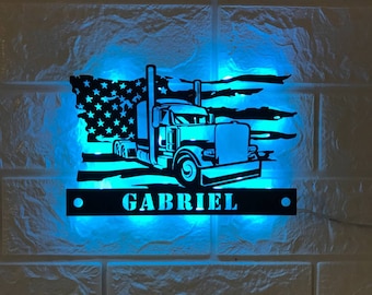 Custom US Semi Truck Driver Metal Wall Art LED Light - Personalized Trucker Name Sign Home Decor - Truck America Flag Metal LED Sign Decor