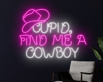 Enseigne au néon Find Me A Cowboy Cupidon, LED cowboy, néon western, enseigne LED country living, décoration murale de salle de rodéo, néon cowboy