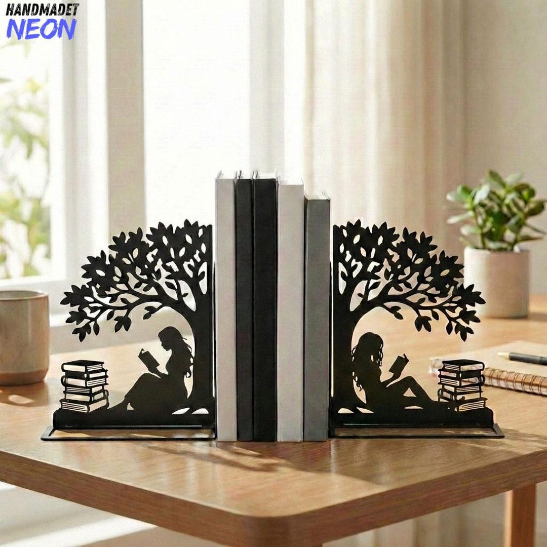 Tree Bookends Custom Reading Girl Metal Bookends, Tree Silhouette Book End, Nature ...