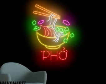 May include: Neon sign depicting a bowl of Pho with chopsticks and various toppings. The word "PHO" is written in red neon below the bowl.