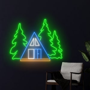 Insegna al neon della cabina, Insegna a LED della foresta di pini della cabina, Luce a led da viaggio in famiglia, Luce al neon da campeggio, Decorazione della parete con luce al neon da viaggio in cabina in famiglia