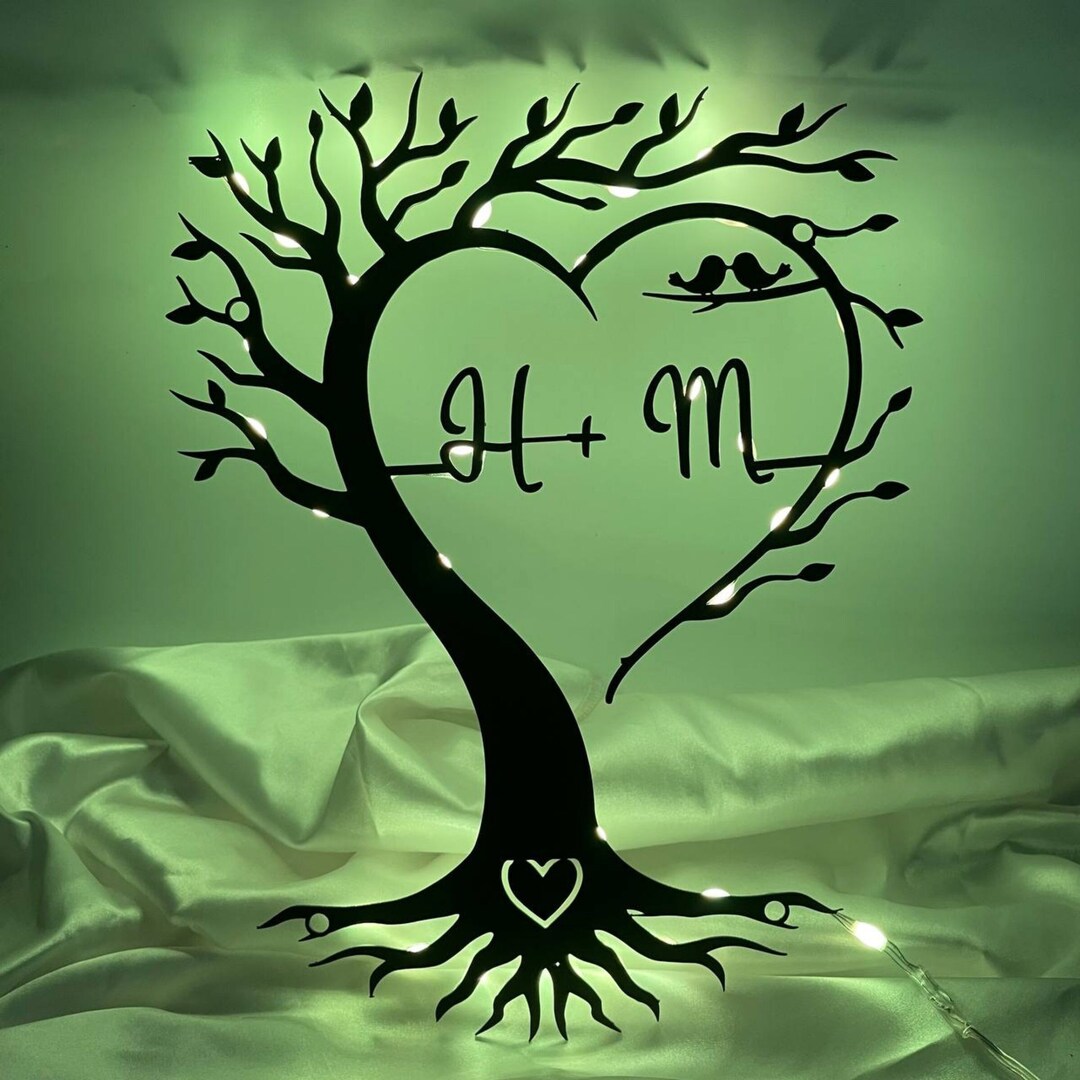 Personalized Heart Tree Metal Wall LED Light, Custom Tree Heart Metal Sign Room Decor, Family