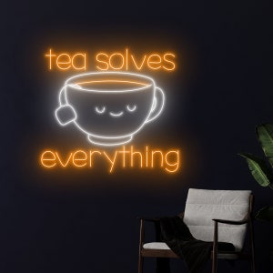 Tea Solves Everything Neon Sign, Tea Cup Neon Light, Tea Pot LED Light, Drink Shop Tea Store Wall Art Room Decor, Coffee Cafe Neon Light