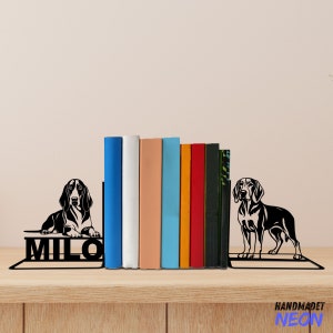 Custom Black And Tan Coonhound Metal Bookends, Dog Name Bookend, Dog Table Sign, Bookshelf Home Decor, Book Lover Gift, Back To School Gift