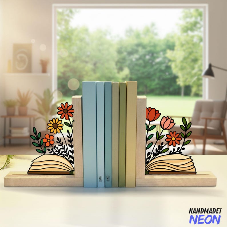 May include: Wooden bookends with laser-cut floral designs in orange, yellow, and pink. The bookends hold a row of colorful books. The base of the bookends has the text "HANDMADET NEON" in blue.