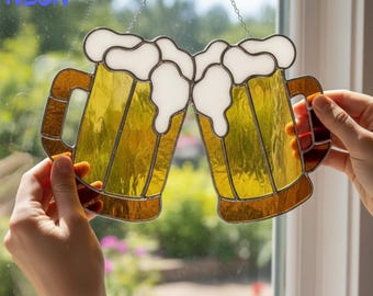 Beer Stained Glass Suncatcher, Beer Mugs Window Hanging, Handmade Glass Bar Decor, Gift for Dad
