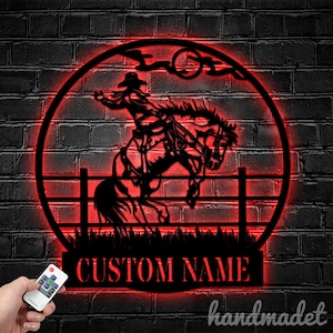 Personalized Cowboy Riding Horse Metal Sign, Cowboy Metal Light, Western Cowboy Led Light, Living Country Room Wall Decor,  House Wall Art