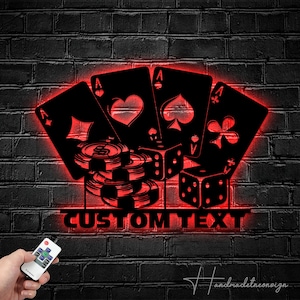 Casino Metal Wall Art LED Light, Playing Cards Metal Sign, Custom Name Game Player Sign, Poker Game Led Sign, Man Cave Metal Sign
