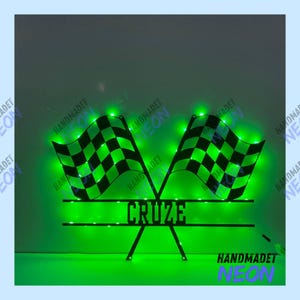 Custom Start Finish Racing Flag Metal Wall Art LED Light - Personalized Race Checkered Flag Name Sign Home Decor -Two Racing Flag Metal Sign