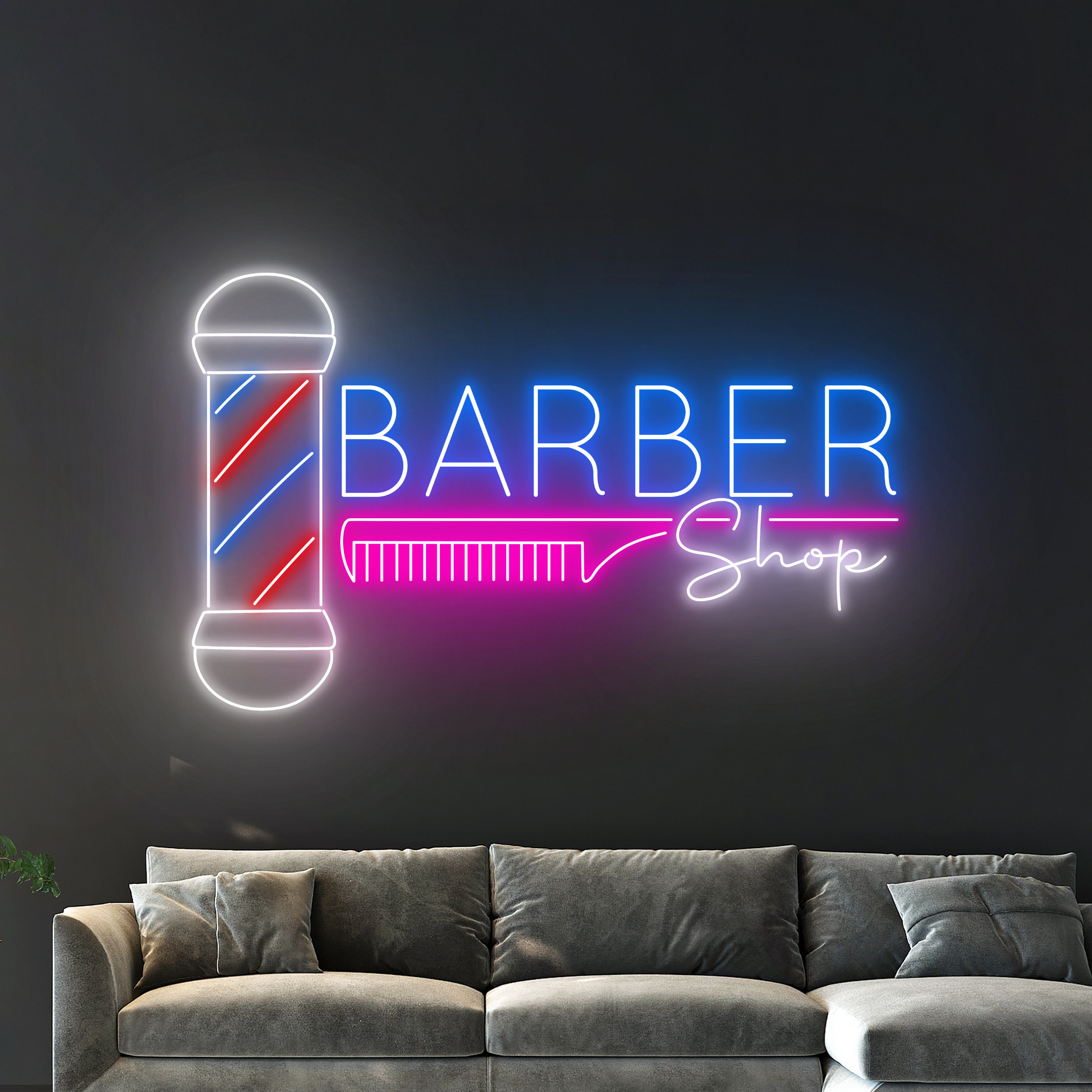 Planzo Barber Shop Neonschild – LED-beleuchtetes Geschäftsschild Für Friseursalon & Studio | 40 Cm, Blau/Rot, 5V USB