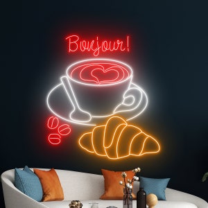 Croissant Coffee Neon Sign, Cafe Croissant Neon Light, Tea Cup Croissant LED Light, Food Drink Shop Led Sign, Bakery Wall Art Room Decor