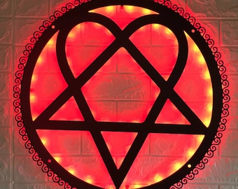 Personalized Heartagram Symbol Metal Wall Art Led Light, Custom Heart Pentagram Shaped Name Metal Sign, Room Wall Decor, Club Metal Led Sign