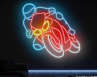Neon z motocyklem: Oświetlenie LED motocyklisty, Dekoracja męskiej jaskini, Znak ścienny do garażu, Prezent dla taty