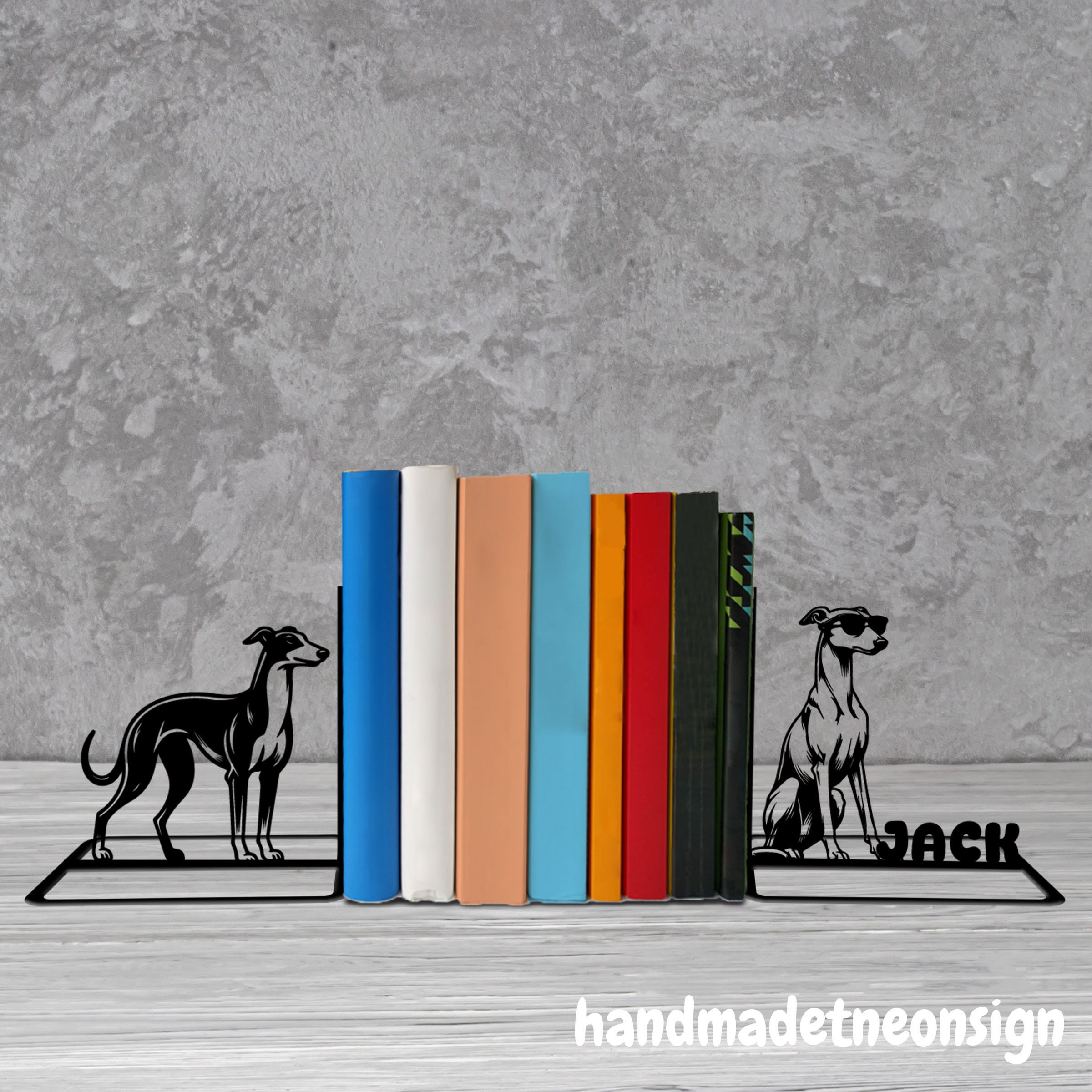 Custom Greyhound Dog Metal Bookends, Dog Name Bookend, Dog
