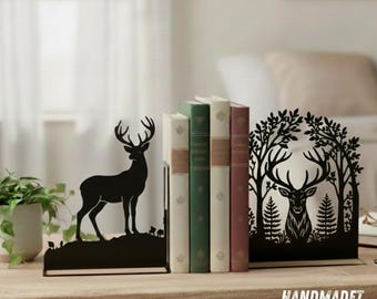 Sujetalibros de metal con ciervo personalizado para escritorio, sujetalibros de metal con nombre personalizado y bosque, regalo para cazadores o amantes de los ciervos.