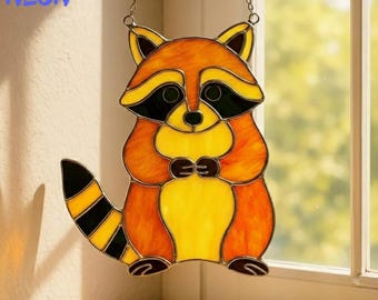Raccoon Stained Glass Suncatcher, Cute Animal Window Hanging Decoration, Unique Wildlife Home Decor Gift for Nature Lovers