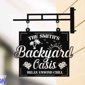 Custom Backyard Oasis Metal Hanging Sign, Personalized Outdoor Wall Decor, Patio Garden Plaque, Tropical Home Decoration, Housewarming Gift