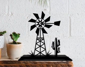 Aangepaste windmolen tafeldecor, boerderij metalen plank decor thuis, cactus tafel kantoor decor, windmolen boerderij woondecoratie, boekenplank metalen decor