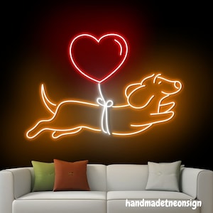 Sinal de parede de néon para cachorro balão Dachshund, sinal de parede LED para amantes de cães, luz de parede de néon animal, luz de parede LED para cães, sinal de parede para animais de estimação, decoração de quarto de casa