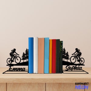 Custom Woman Cycling Metal Bookends Cyclist Name Bookend Mountain Bike Table Sign Bookshelf Home Decor, Book Lover Gift, Back To School Gift