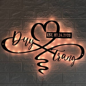 Custom Name And Date Metal Wall Art LED Light - Personalized Heart And Infinity Name Sign Home Decor - Couple Room Decor - Gift for Lover
