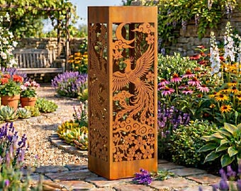 Escultura metálica de columna de jardín Phoenix, pilar de jardín con forma de pájaro, arte para jardín.