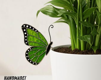 Butterfly Stained Glass Plant Decoration, Handmade Butterfly Pot Decor, Glass Garden Stake for Indoor or Outdoor Display